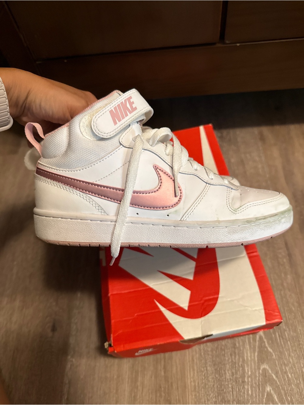 Nike Kids White and Light Pink High-Top Sneakers